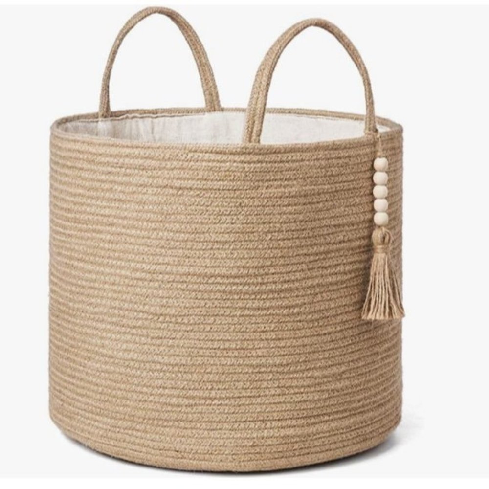 Urban Outfitters Decorative Wooden Bead Natural Rope Woven Storage Basket